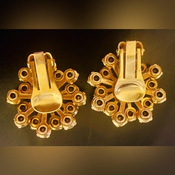 Gold and Aurora Borealis Rhinestone Starburst Clip Earrings - Picture 9 of 13